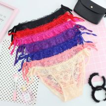 Damen Sexy Low-Rise Spitze G-String Unterwäsche Dünner Riemen Perle Dreieck Schleife Tanga Atmungsaktive Dessous Slips Damenhöschen