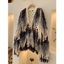 Vintage Farbblock Shaggy Cardigan Pullover Lose Fransen Farbverlauf Pullover Jacke Dicke Herbst/Winter Damen Outwear Strickwaren