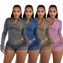 Sexy Denim Damen 2-teiliges Set, dehnbar, langärmelig, mit Reißverschluss, schmale Jacken und Shorts, Anzüge, Y2k-Streetwear, Gürtel, Jean-Outfit-Sets