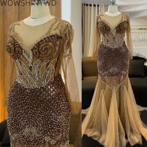 2025 Abiti da ballo a sirena marrone con perline Cristalli Tulle Abiti da sera formali per feste di compleanno di lusso ZJ44