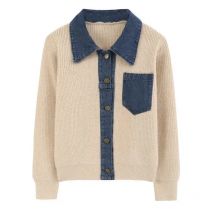 design autumn and winter PoIol collar splicing denim knitted cardigan sweater women's loose and slimming fashion jacket