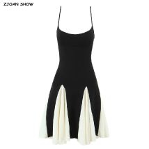 2023 Sexy Schwarz Gespleißt Aprikose Kontrast Farbe Gespleißt Saum Sling Kleid Frauen Patchwork Swing Backless Kurze Kleider Party Robe