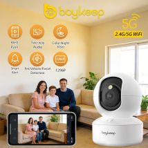 BoyKeep Telecamera di Sicurezza WiFi Smart 2K Dual Band 5G/2.4GHz per Interni, 360° °   PTZ, visione notturna IR, audio bidirezionale