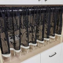 Black Lace Short Curtain for Cabinet Kitchen Sheer Voile Drape With Tassel Beads Partition Dustproof Study Blinds #E