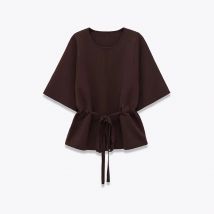 Vintage Brown Puff Sleeve Knit Sweater For Women Round Neck Drawstring Waist Elegant Pullover Tops