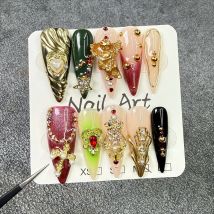 10Pcs/set Long Stiletto Handmade Press on Nails Retro Fake Nails with 3D Decorations Wearable Stick-on Nails False Nail 네일팁