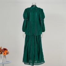Lose große Größe Luxus aushöhlen lange Kleider 2 Stück Frauen Röcke Anzüge Sommer Herbst Stickerei Shirts Maxi Röcke 2 Stück Outfit