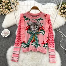 2023 Harajuku Diamanten Perlen Katze Bogen Stickerei Pullover frauen Rüschen Blume Jacquard Cartoon Pullover Jumper Crop Tops