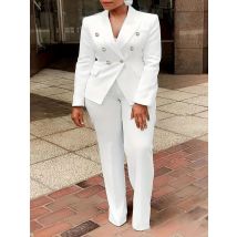 Elegant Office Lady Plus Size Suit Two Piece Set Double Breasted Long Sleeve Notched Collar Solid Casual Autumn Matching Set
