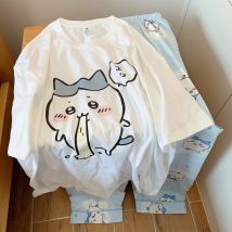 Anime chiikawa boys and girls summer pajamas Usag round neck short sleeved pants pajamas Hachiware Cartoon Loose Home Clothing