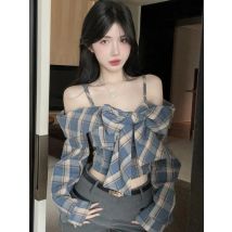 Zoki Off Schulter Bogen Kariertes Hemd Frauen Langarm Schlank Vintage Bluse Sexy Gestellte Koreanische Weibliche Süße Retro Tops Neue Frühling