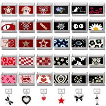 Bransoletka modna, personalizowana, DIY, czarno-czerwona, z włoskimi zawieszkami, koraliki w kształcie oczu, kocich łap, pasków, serca, 9mm, ze stali nierdzewnej.