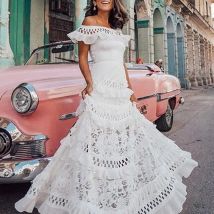 Elegantes One-Shoulder-Kleid mit festem Rüschen, langes Abendkleid, Sommermode, ärmelloses Swing-Kleid, klassisches Spitzen-Hohl-Party-Sexy-Kleid