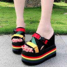 Frauen Plattform Sandalen Peep Toe Keilabsatz Pantoletten Sommer Sexy Sandalen für Frau Super Hohe Schwarz Leder Rutschen hausschuhe
