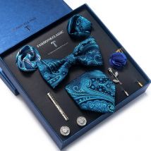 Cravatta di alta qualità per uomo Cravatta Paisley blu fazzoletti da taschino Gemelli Spilla Set Scatola per cravatta Accessori da sposa Regali di San Valentino
