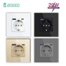 BSEED-enchufe de pared PD de 20W, enchufe europeo con puertos de carga rápida USB tipo c, tomas de corriente dobles, enchufes eléctricos triples, Panel de vidrio