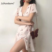 Schinteon Neue Kirsche Drucken Kleid Chiffon A-linie V-ausschnitt mit Gürtel Schlank Sommer Kurzarm Sexy Mini Kleider