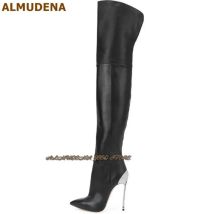 ALMUDENA Luxurious Metal Thin High Heels Thigh High Boots Pointed Toe Metal Decoration Skinny Dress Boots Over-the-knee Boots