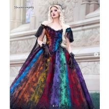 Gotisches Regenbogen-Hochzeitskleid, schwarze Spitze, Vintage-viktorianisches Brautkleid, schulterfrei, Prinzessin, Abschlussball, Maskeradekleid, individuell gestaltet