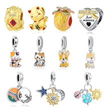 Original 925 Sterling Silber Charms Goldene Perlen Stern Mond Sonne CZ Fit Pan Armbänder Armreifen Halsketten Für Frauen DIY Schmuck