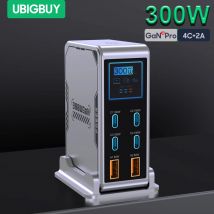 Ubigbuy 300W GaN Charger PPS PD 100W USB Type C 6-Port Digital Display Desktop Fast Charging Station for MacBook iPhone Samsung