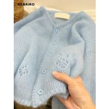 Casual Basics V-Neck Knitting Long Sleeve Solid Color Cardigans Women Sweet Single Breasted Female Knitted Pure Blue Sweater
