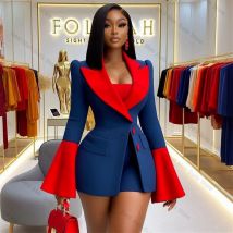Red Blue Women Suit Set 3 Pcs Top Bra+Blazer+Short Pant Trouser Cotton Formal Office Jacket Customized Wedding Tuxedo Guest Coat