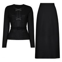High Quality Spring And Autumn New Style Bright Silk Nail Bead Bow Belt Top Knitted Cardigan+half Skirt Slim Fit Women's Set