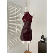 Sommer Damen Urlaub Dark Academia Y2k Geburtstag Rave Outfits 2-teiliges Set Gyaru Coquette Spitzenoberteil + Mini Pu Kunstlederkleid
