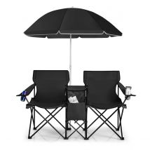 Sedia da Campeggio a 2 Posti con Parasole, Portabevande e Tasca Laterale, Sedia Pieghevole da Pesca con Borsa per il Trasporto, per Campeggio, Pesca, Picnic