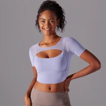 Einfarbige Yoga Kurzarm sexy Doppels chicht Yoga Tank Top gespleißt Mesh Yoga Kleidung Top Fitness Laufen Sport BH Frauen