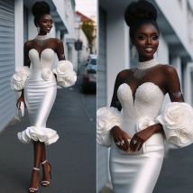 Abiti da ballo corti floreali con volant bianco stile Aso Ebi Perline di lusso Fiori 3D Lunghezza tè Abito da cocktail party Abiti africani