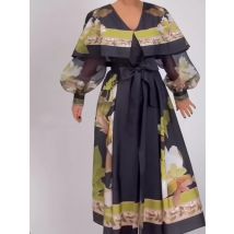 Retro 2025 women's autumn new V-neck cloak lantern long sleeve loose print dress with waist-tied and big swing fluffy dress