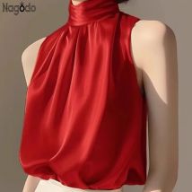 2025, seidiges Satin, ärmelloses Crop-Top, Sommer, halber Rollkragenpullover, Damen-Pullover, Neckholder-Weste, lockere Hemden, rote Party-Blusen