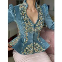 Mode Frauen Samt Top Langarm Vintage Stickerei V-Ausschnitt sexy lässig schlanke Rüschen Saum Herbst Frühling T-Shirts