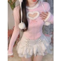 Herz-Design, weiß, rosa, japanische Kawaii-Lolita-Bluse, abgeschnitten, ausgehöhlt, schmal gestrickt, langärmelig, süßes Bandage-Freizeithemd