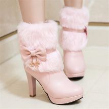 2025 Winter Womens Fashion High Heel Boots Pink White Black Fur Tassel Bowtie Lovely Lolita Ladies Party Wedding Shoes size34-43