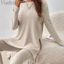 Frauen lässig einfarbig Rundhals ausschnitt Langarm Spitze Dekor Pullover Top und hohe Taille Bleistift hose 2 stücke Set