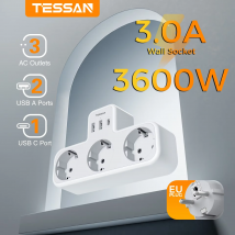 TESSAN EU Wall Socket Extender with 3 AC Outlets and 3 USB Ports 5V 2.4A Power Strip Adapter Overload Protection for Home Office