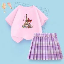 Sommer jk karierten Rock Mädchen Paris Turm T-Shirt kurz ärmel ige Freizeit kleider Student Girl Party Tops Set 2 Stück Anzüge