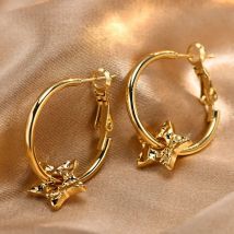 Trendige Creolen mit Stern-Anhänger aus Edelstahl für Frauen und Mädchen, vergoldeter Pentagramm-Ohrschmuck mit geometrischer Schnalle für Sie