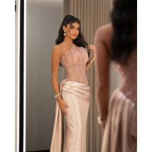 Customized Classic Pink Satin Evening Dress Formal Strapless Sleeveless Celebrity Gowns Sexy Mermaid Sweep Train Cocktail Dress