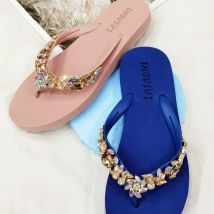 Hausschuhe für Damen, Glitzer-Flip-Flops, Sommer, 2023, modisch, Outdoor, Strass-Kette, Keil, Strand-Hausschuhe, Gelee, hawaiianische flache Sandalen
