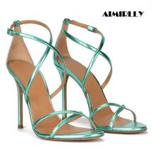 Metallisch grüne High-Heel-Sandalen für Damen, Stilettos mit Kreuzriemen, Party-Abendkleidschuhe mit offener Zehenpartie, mehrfarbig