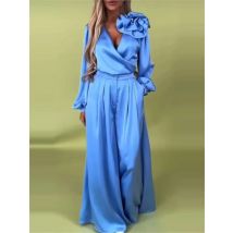 Modischer einfarbiger Freizeitanzug für Damen, wunderschönes und elegantes, langärmliges Oberteil mit V-Ausschnitt und weitem Bein, zweiteiliges Set