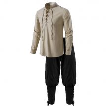 2 pezzi costume da cavaliere medievale da uomo set rinascimentale cosplay camicie da pirata pantaloni con fascia alla caviglia per Halloween tessuto di cotone e lino