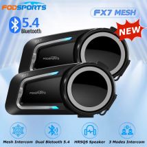 2PCS Fodsports Mesh Interfono FX7 Casco da moto Auricolare Bluetooth 5.4, Interfono da moto per 10 ciclisti, 2000m, Radio FM, Condividi musica
