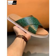 Fashion Mens Cowhide Genuine Leather Slippers Slip On Cross Strap Slides Light Weight Casual Beach Shoes Outside Footwear Flats
