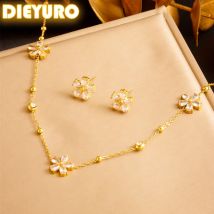 DIEYURO 316L Edelstahl Weiß Strass Fünf Blatt Blumen Halskette Ohrringe Anzug Für Frauen Mädchen Neue Trend Lichtecht Schmuck set