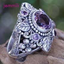 Punk-Stil, Vintage, 100 % Blume, 925er Sterlingsilber, rund, natürlicher Amethyst, Hochzeit, Verlobungsringe für Frauen, edler Schmuck